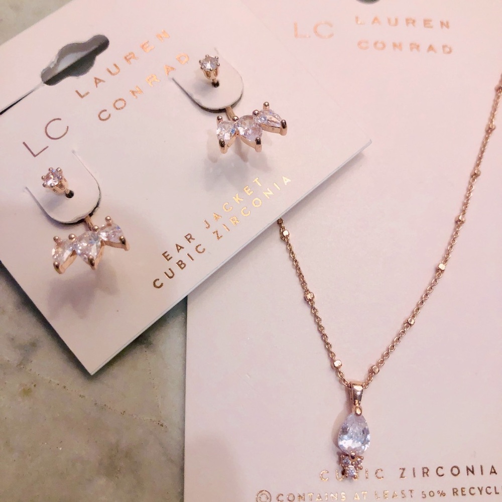 Lauren Conrad necklace + earrings (Rose gold, zirconia)